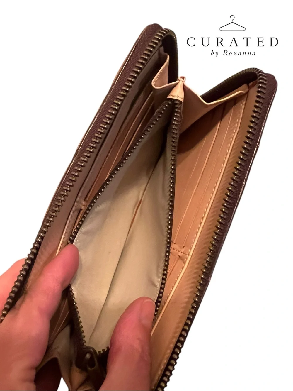 Carolina Herrera CH Cognac Embossed Leather Zip Around Continental Wallet